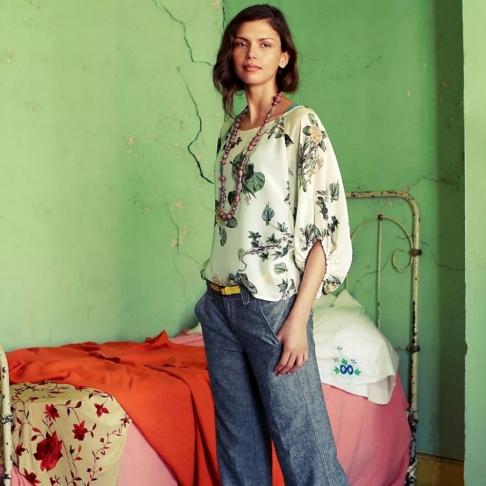 Anthropologie Dil Silk Blouse First Hints Bird Print‎